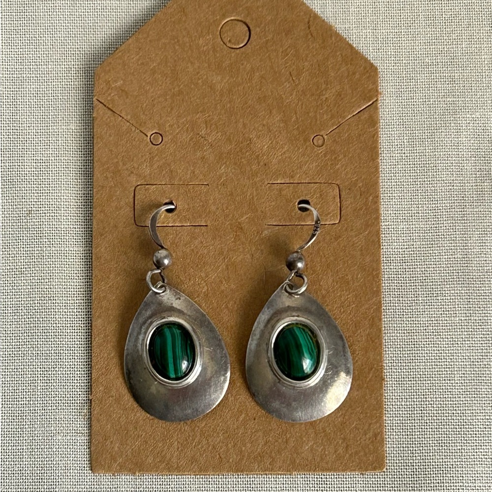 Vintage Pierced Silver Earrings with Malachite